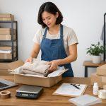 Pessoa organizando e embalando pedidos em um pequeno negócio, com materiais de embalagem sobre uma mesa de trabalho.
