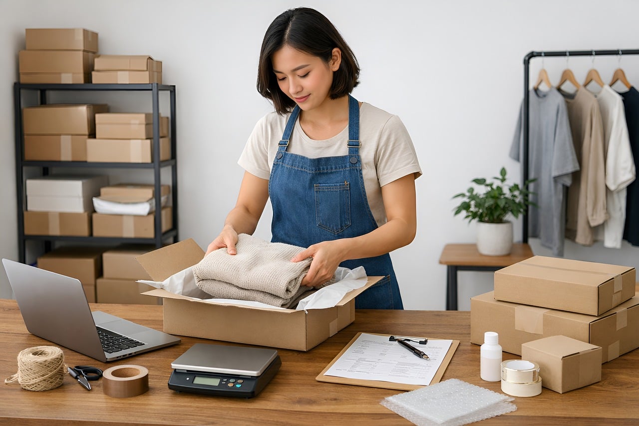 Pessoa organizando e embalando pedidos em um pequeno negócio, com materiais de embalagem sobre uma mesa de trabalho.